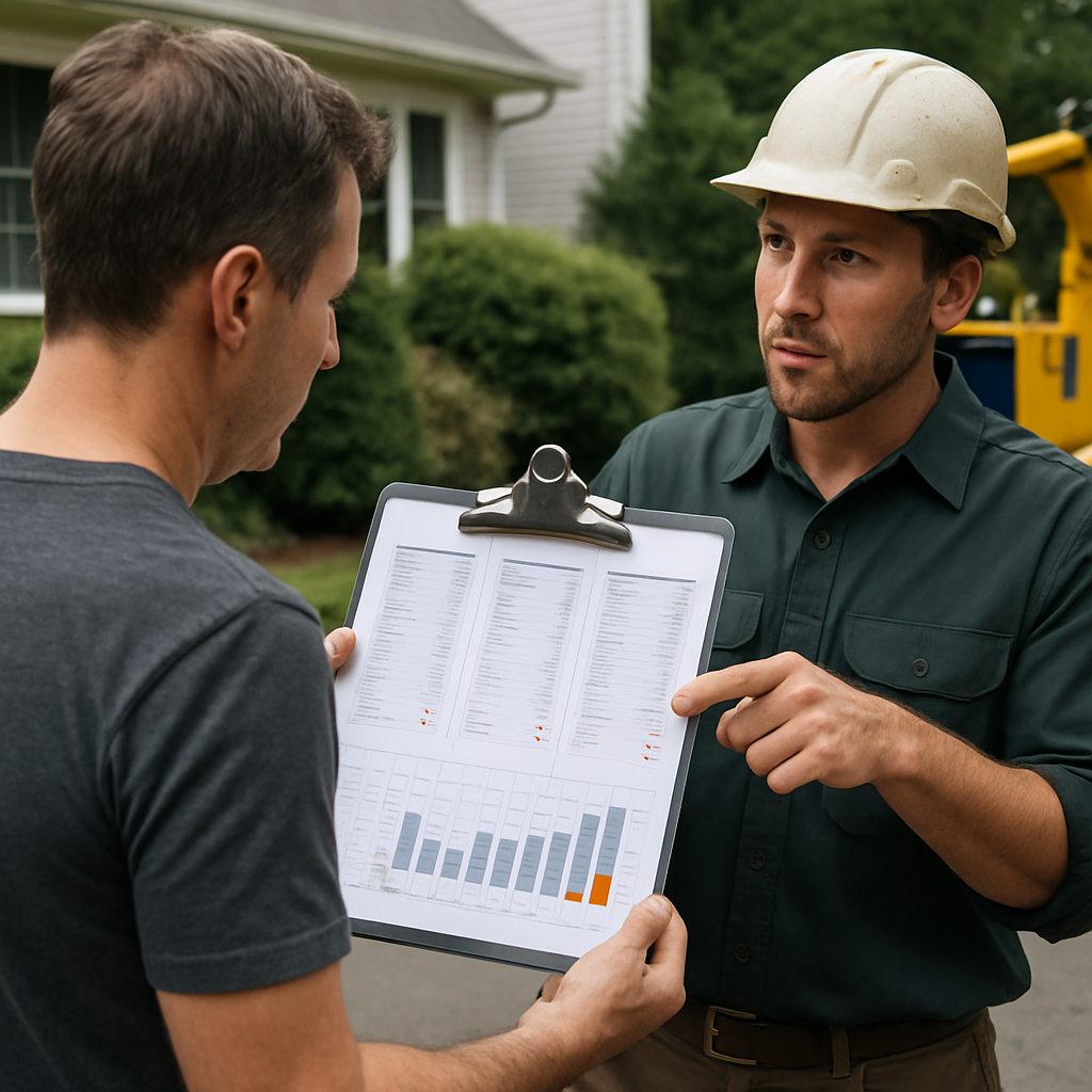 Photo realistic image of a homeowner comparing three printed tree removal estimates on a clipboard with a visible weighted scorecard, a contractor pointing and explaining differences while a chipper sits in the background, professional mood