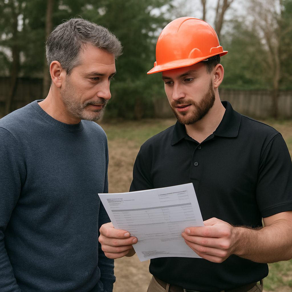 Photo realistic image of a homeowner and crew leader during a final walkthrough, the crew leader holding an itemized invoice and a disposal receipt with a chipper and cleared yard in the background, professional mood