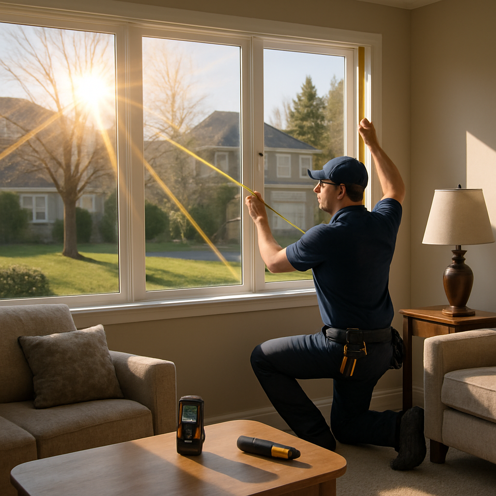 Photo realistic image of a Redmond suburban living room with large south facing windows being measured by a technician for window film installation, showing sun angles and measurement tools, professional mood