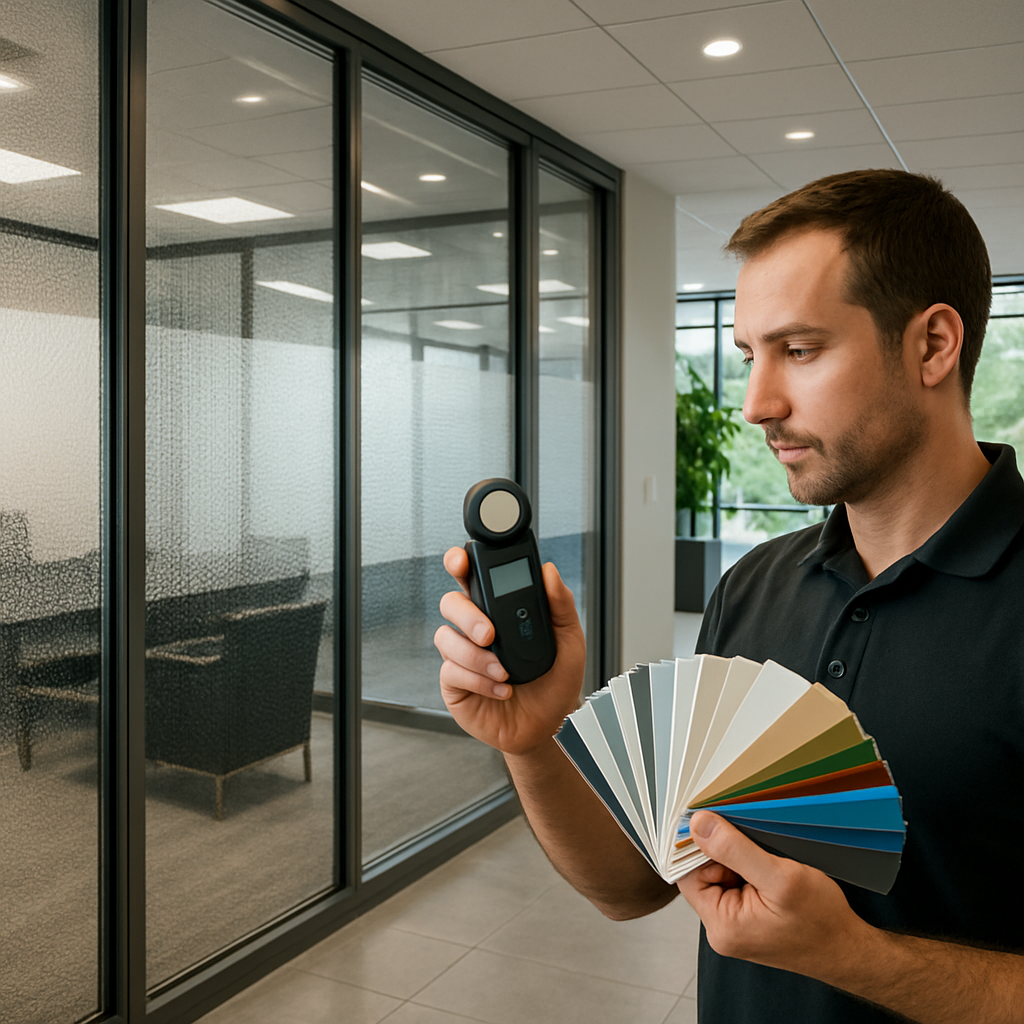 Photo realistic image of a modern Redmond office lobby showing patterned 3M Fasara decorative film on glass partitions and a technician holding a swatch book and measuring light with a handheld meter, professional mood