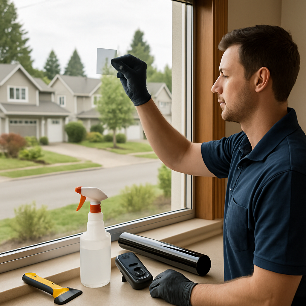 Photo realistic image of a Redmond home window with a technician applying a small test patch of ceramic window film, showing tools, a light meter, and a view of the neighborhood; professional mood