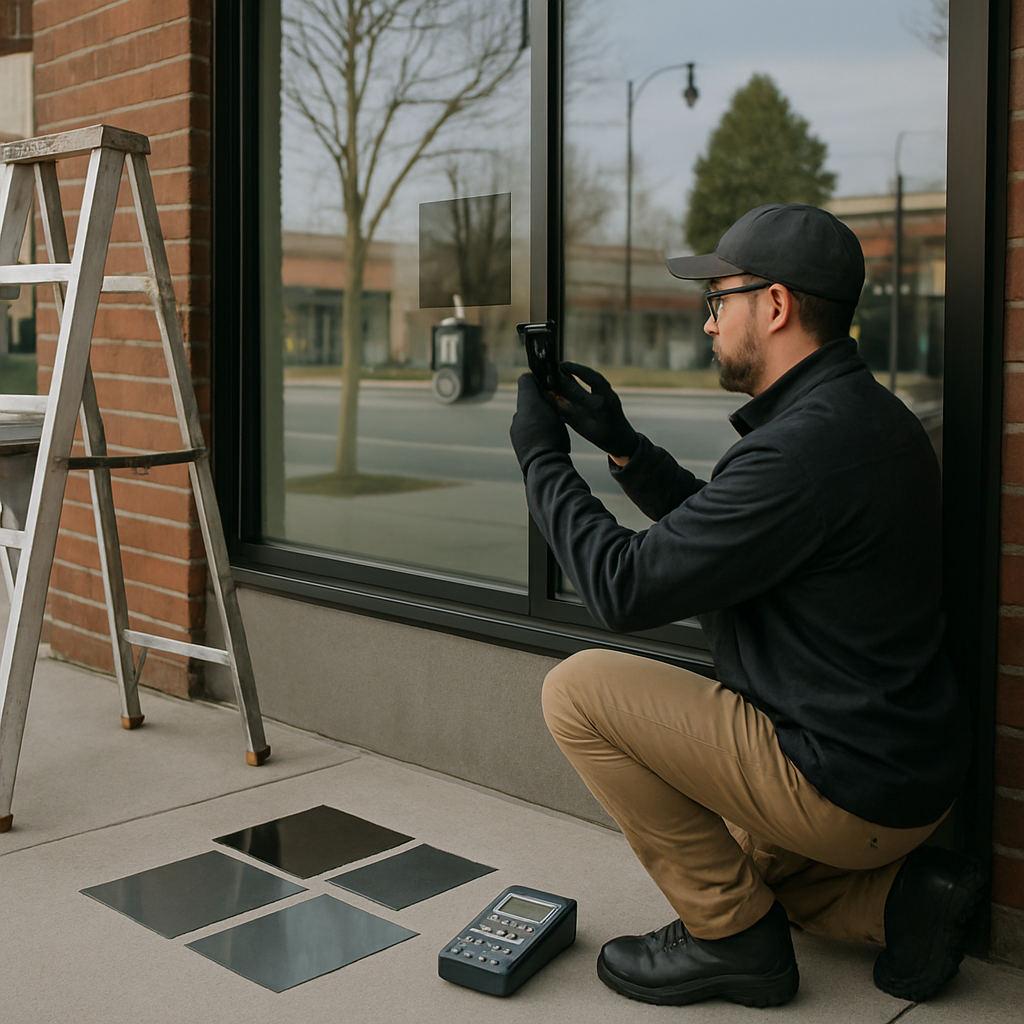 Photo realistic image of a technician performing a test patch of spectrally selective window film on a Redmond storefront during a calm morning, showing measurement tools, a ladder, film swatches, and the technician photographing the result for documentation, professional mood