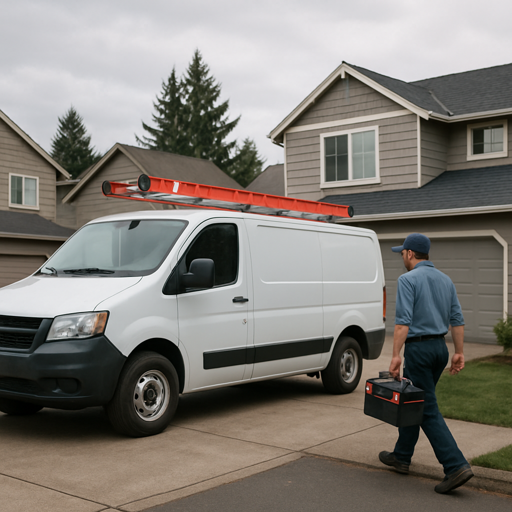 Photo realistic image of a Beaverton residential street with a plumber company van parked in a driveway, technician in a clean uniform carrying a toolbox and returning to the van, overcast Pacific Northwest light, professional mood