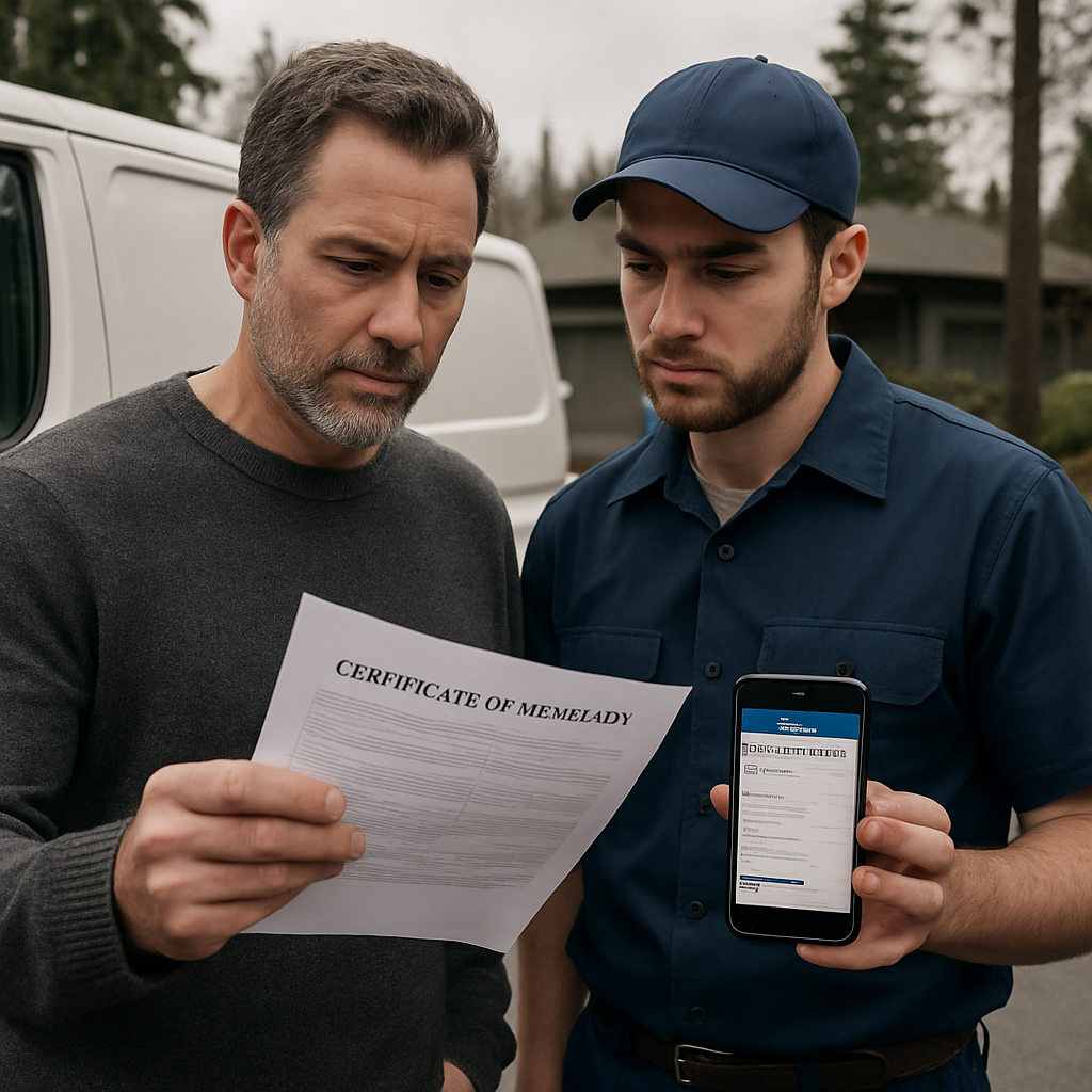 Photo realistic image of a homeowner and a licensed plumber reviewing a printed Certificate of Insurance and a phone showing the Oregon CCB license lookup, plumber van in the background, overcast Pacific Northwest light, professional mood