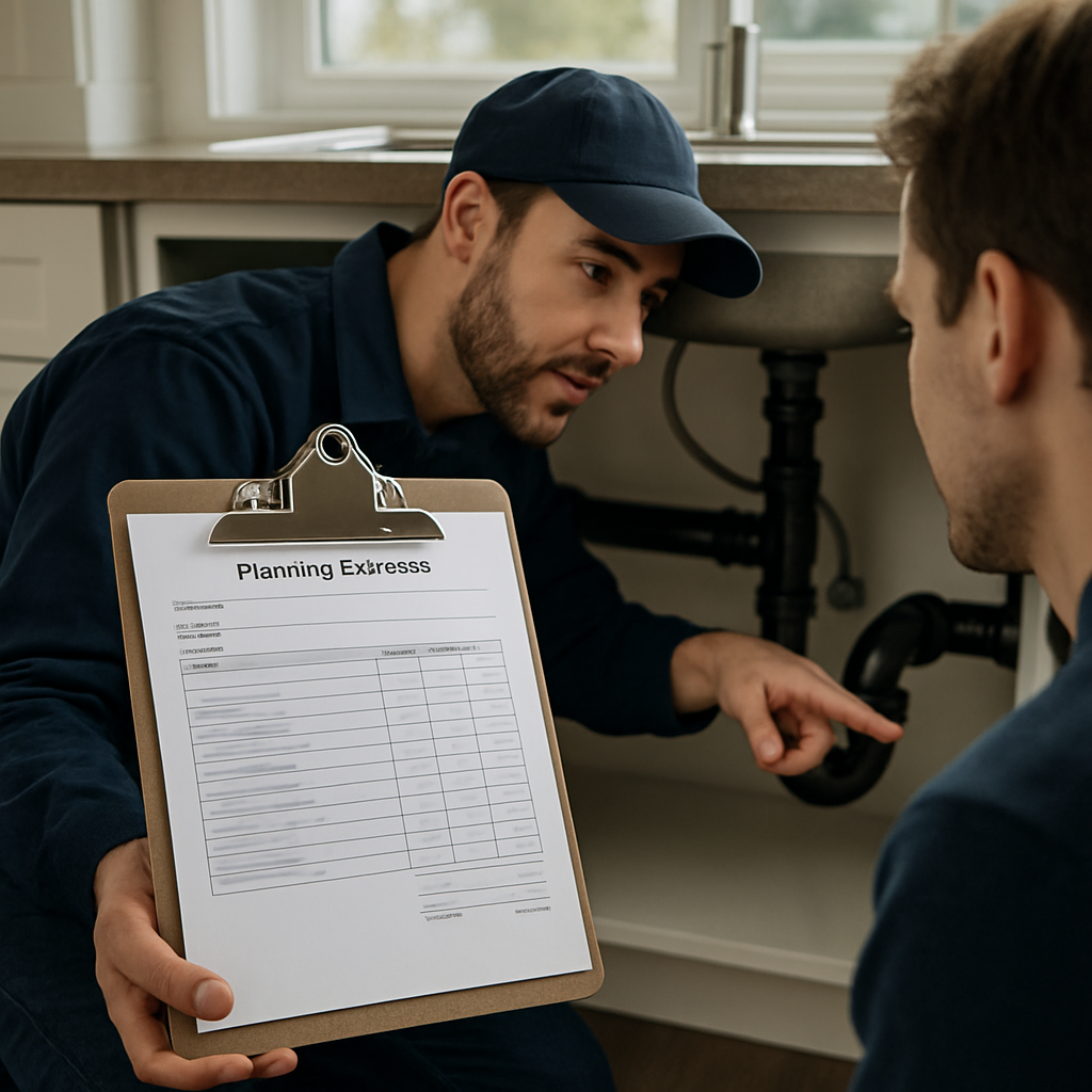Photo realistic image of a printed plumbing estimate on a clipboard with line-items visible, a plumber pointing at the scope under a kitchen sink while a homeowner reviews it. Overcast Pacific Northwest light, professional mood.