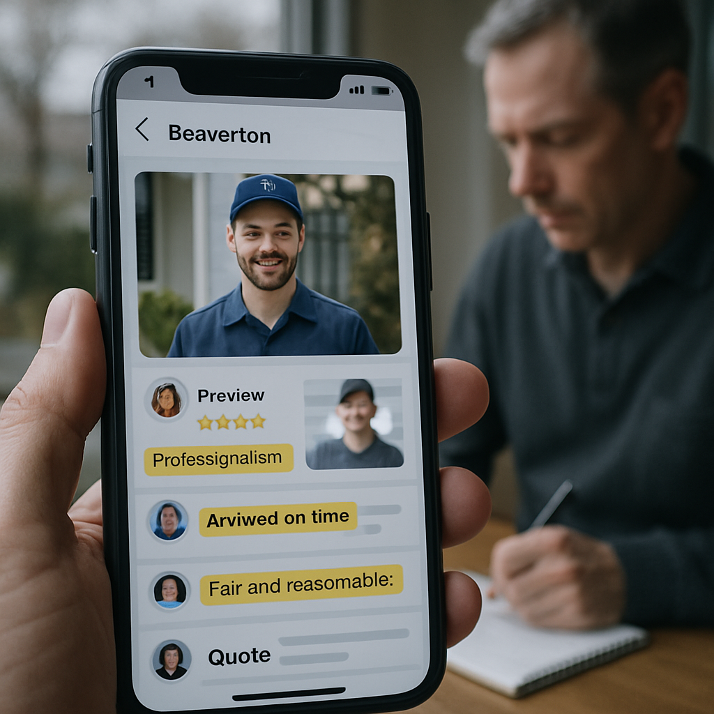 Photo realistic close-up of a smartphone showing Google Reviews for a Beaverton plumbing company, with highlighted review excerpts, a technician photo, and a homeowner taking notes; overcast Pacific Northwest lighting, professional mood