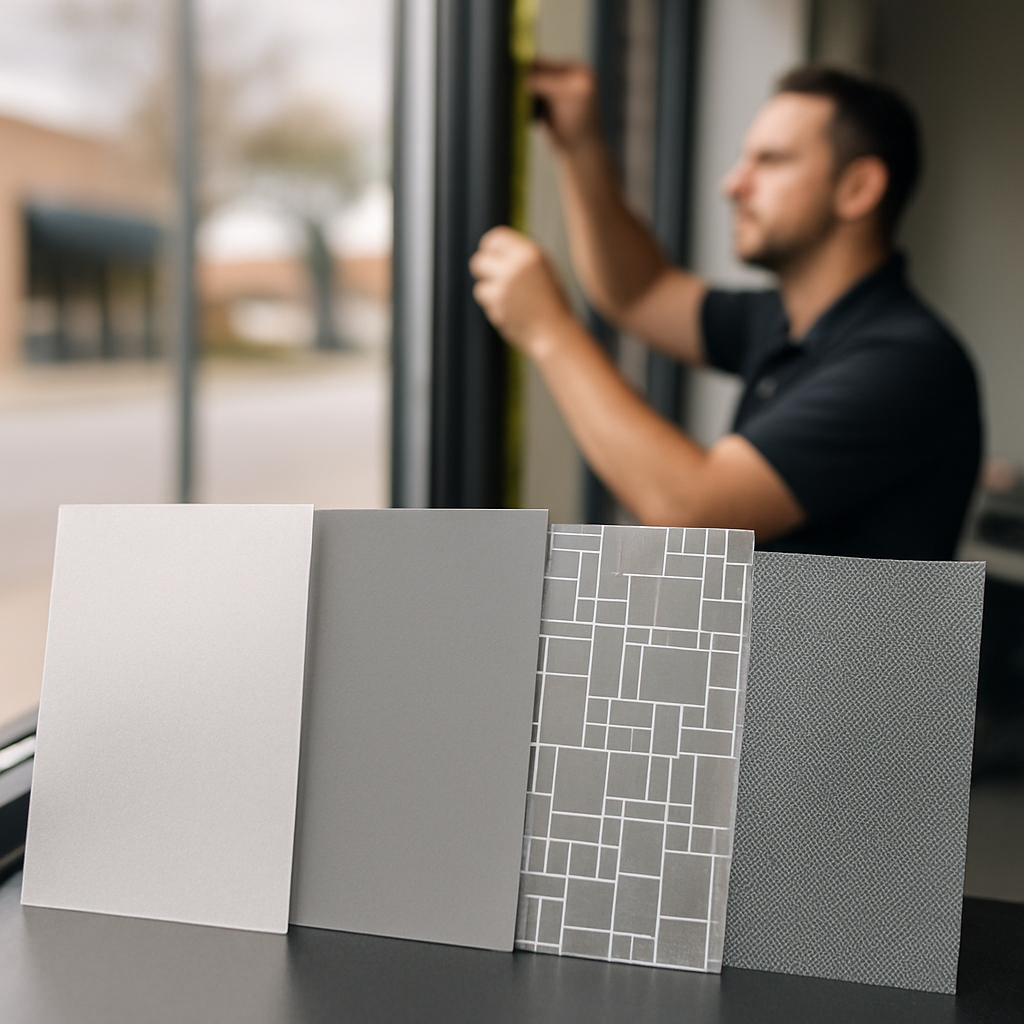 Close up, photo realistic image of decorative window film samples laid against a storefront glass: frosted 3M Fasara panel, LLumar matte swatch, Solyx patterned film, and a perforated ORAJET sample. Include a technician measuring a window frame in the background, professional mood.