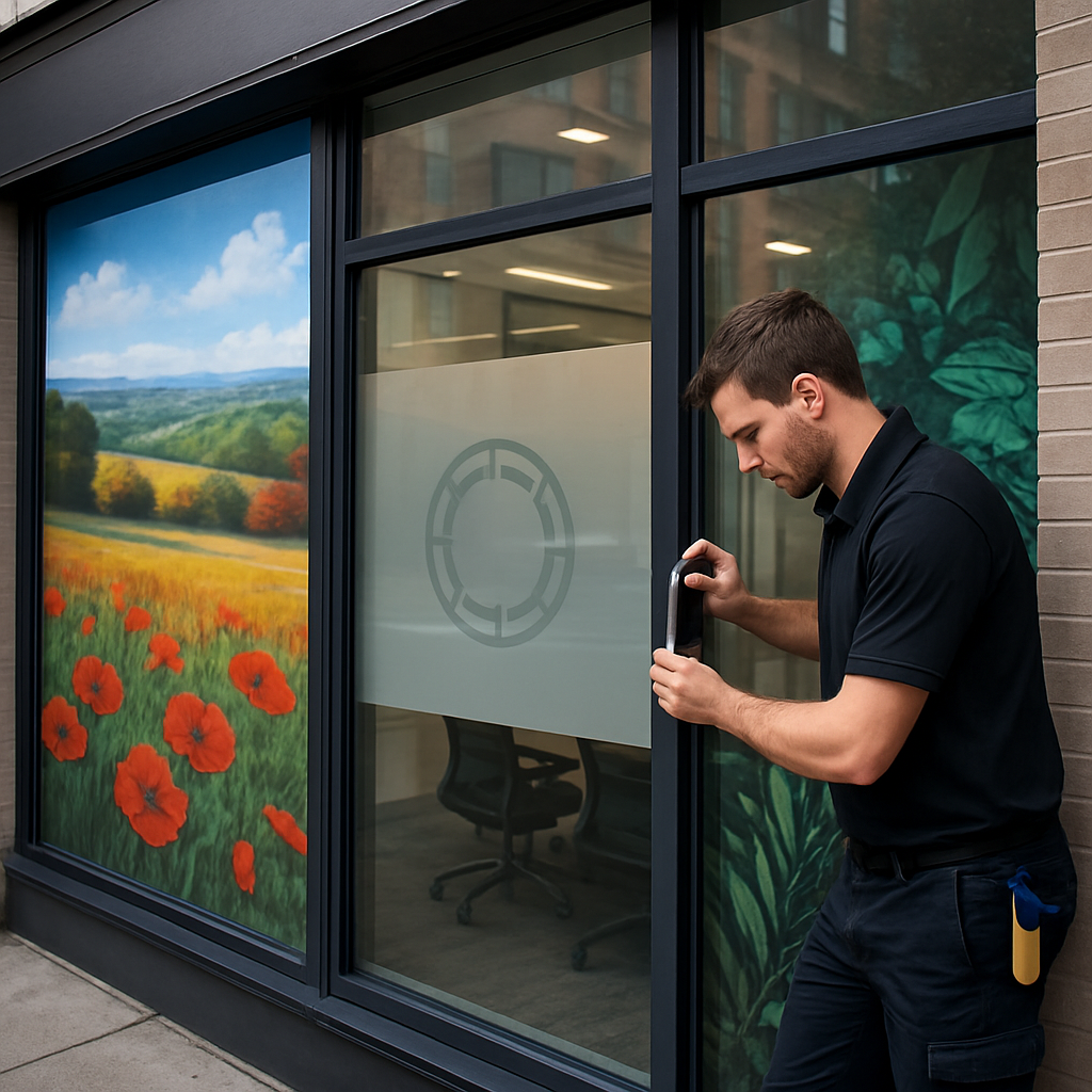 Photo realistic image of a retail storefront in an urban setting with decorative window films: full color printed graphics on street facing panes, frosted privacy logo on an interior conference room glass behind the storefront, installer applying a seam around a mullion, professional mood.