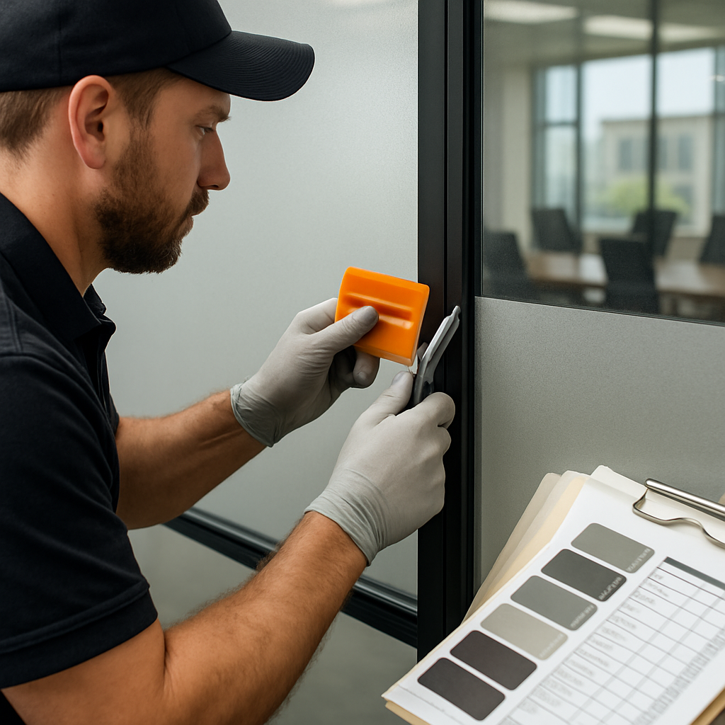 Photo realistic image of a certified technician installing decorative frosted film on an office conference room glass: close-up on squeegee work, edge trimming around a mullion, visible sample swatches and datasheet on a clipboard, professional mood.
