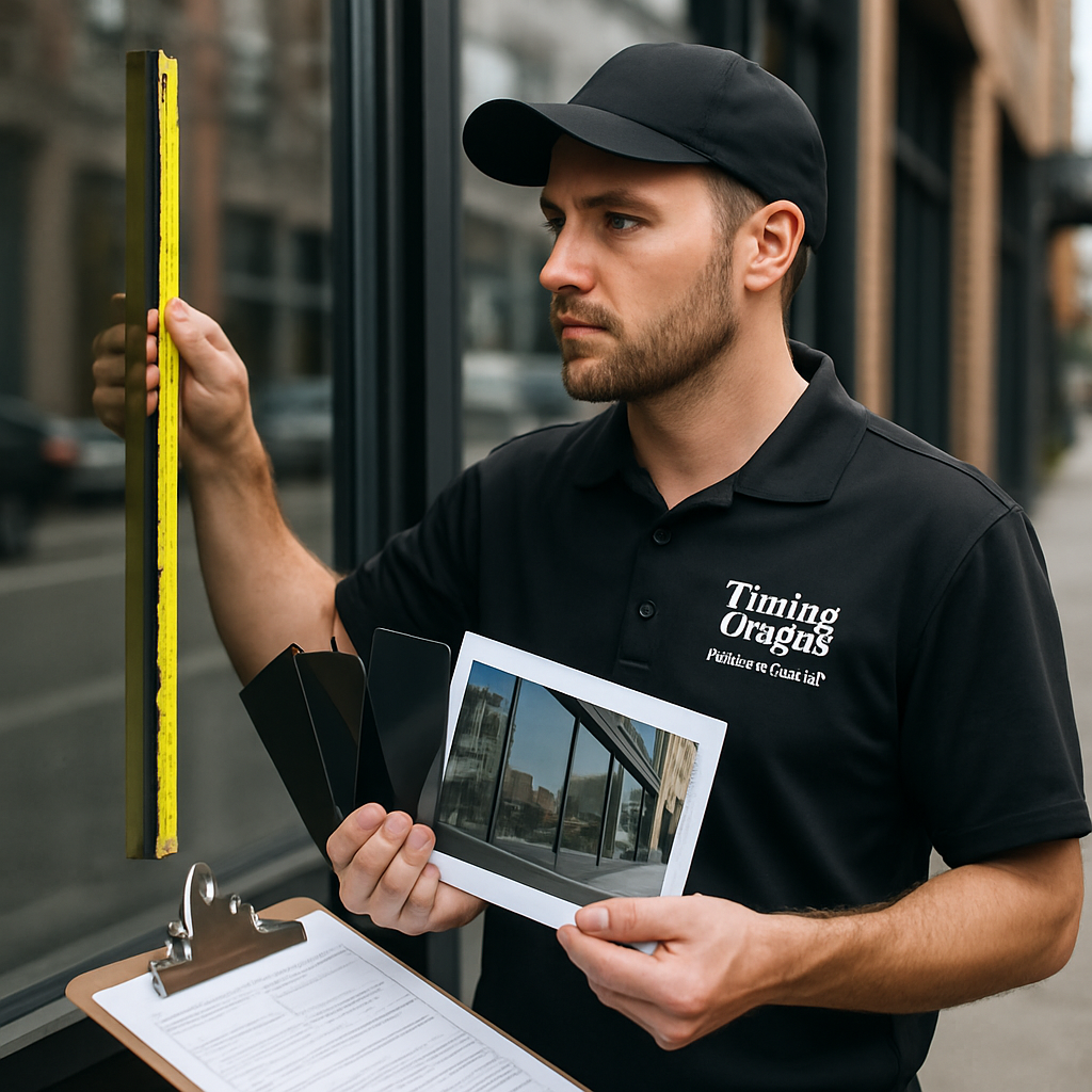 Photo realistic image of a certified installer from Tinting Oregon measuring a storefront glass pane while holding film swatches and a printed color proof; include permit documents on a clipboard and urban storefront context, professional mood.