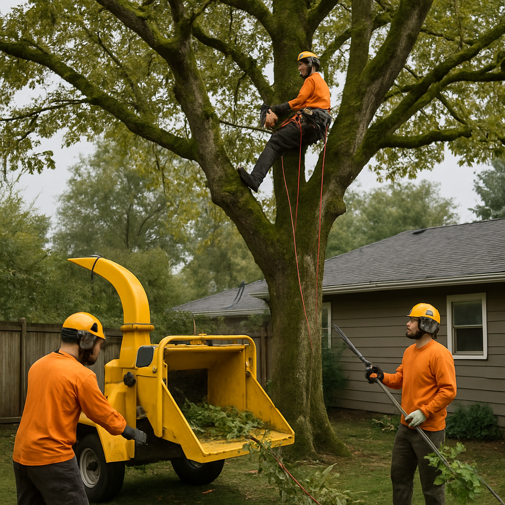 Professional arborist crew pruning a mature bigleaf maple in a Portland backyard with a chipper and safety gear; overcast Pacific Northwest light; residential setting with visible house roofline; photo realistic