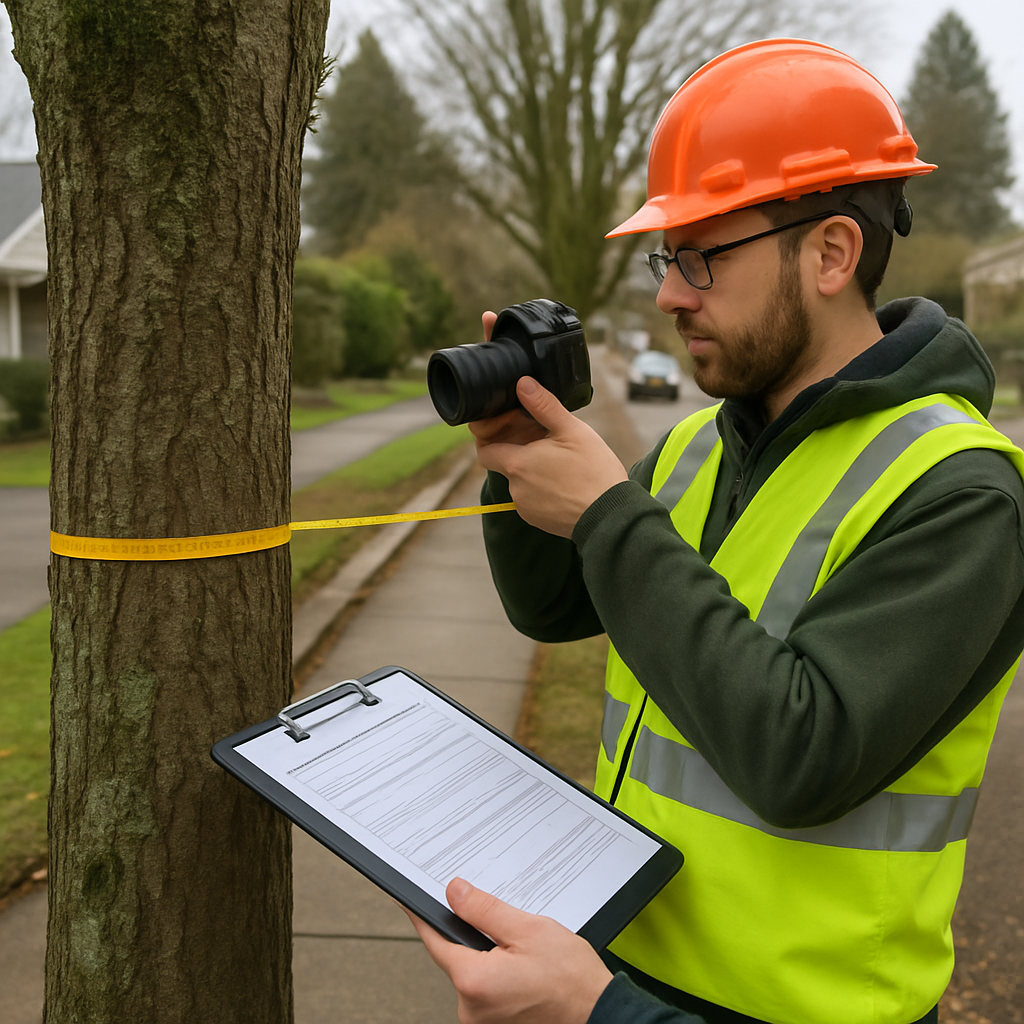 Portland certified arborist on site measuring a street tree and photographing it for a permit application; visible measuring tape at 4.5 ft, clipboard with permit form, overcast Pacific Northwest light, residential street with sidewalk; photo realistic
