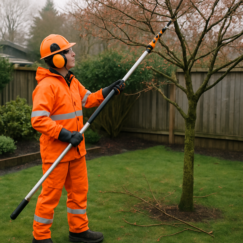 Homeowner using a pole pruner with proper PPE trimming small branches from a low ornamental tree in a Portland backyard; wet overcast Pacific Northwest light; clear safety posture; photo realistic