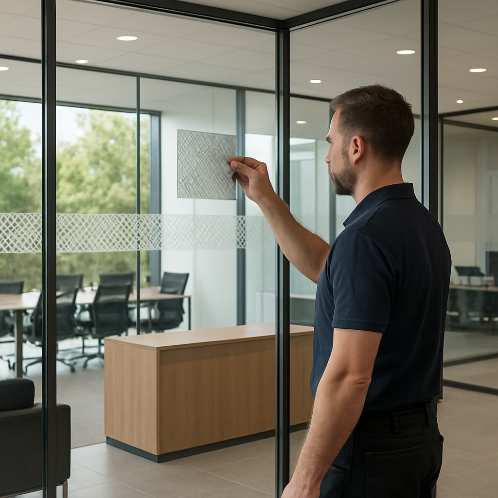 Photo realistic image of a modern office reception with full-height glass, a patterned frosted band on the conference room partition, daylight streaming through, an installer holding a decorative film swatch against the glass, professional mood