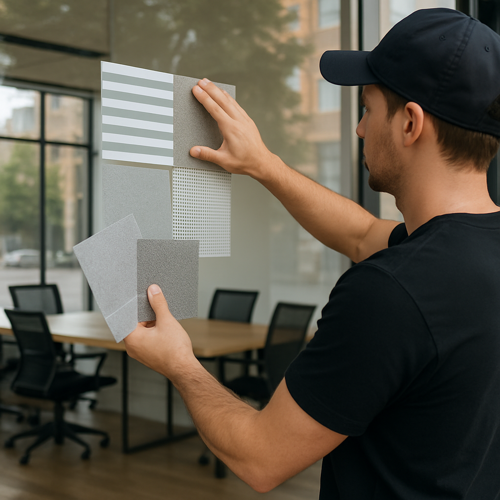 Photo realistic image of an installer holding multiple decorative film swatches against a conference room glass wall during a daylight mockup, showing interior desks and an exterior street reflection; professional mood