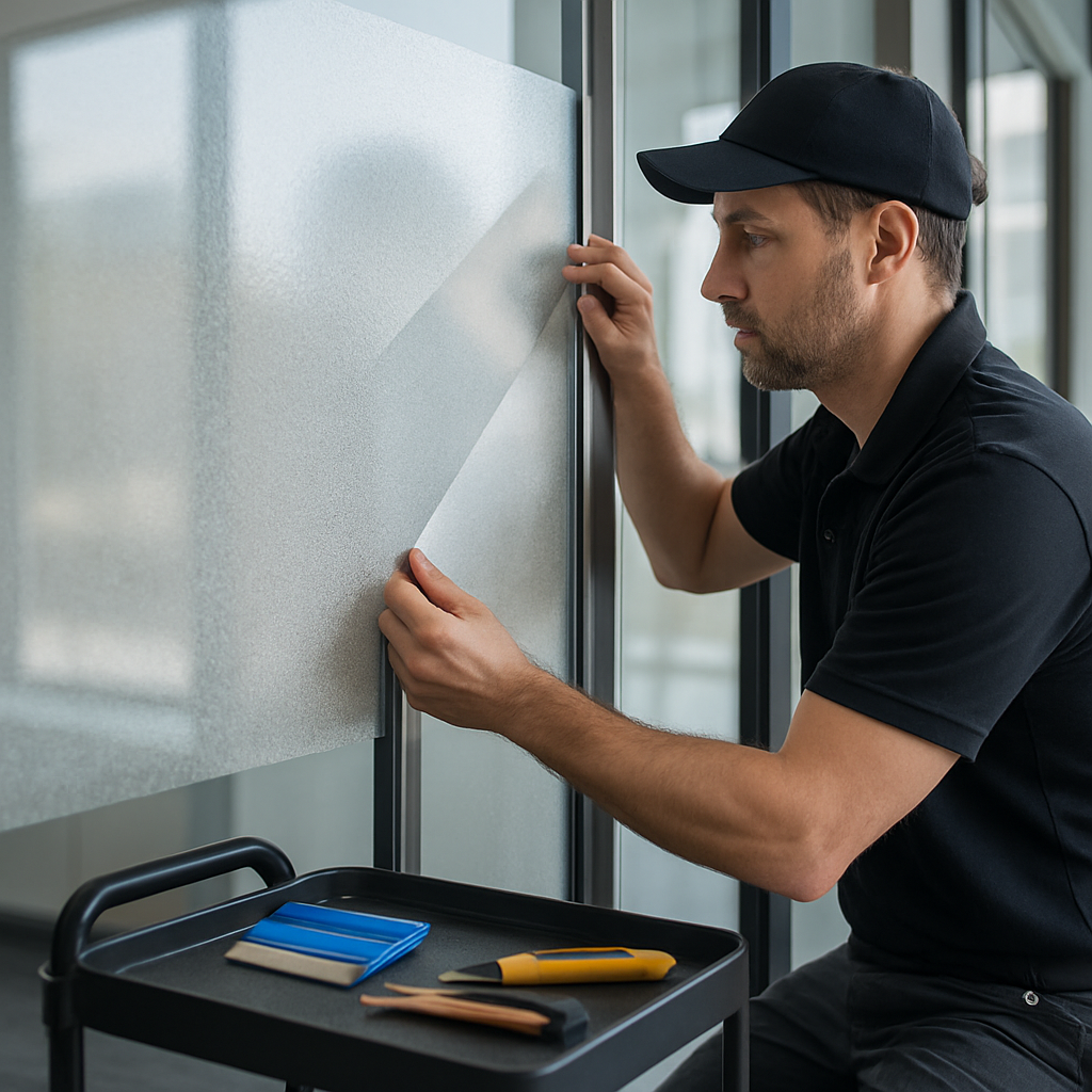 Photo realistic image of a commercial installer mid-installation applying decorative film to an interior office glass partition, showing close-up of edge finishing with an aluminum U-channel, tools on a small work trolley, and daylight streaming through; professional mood