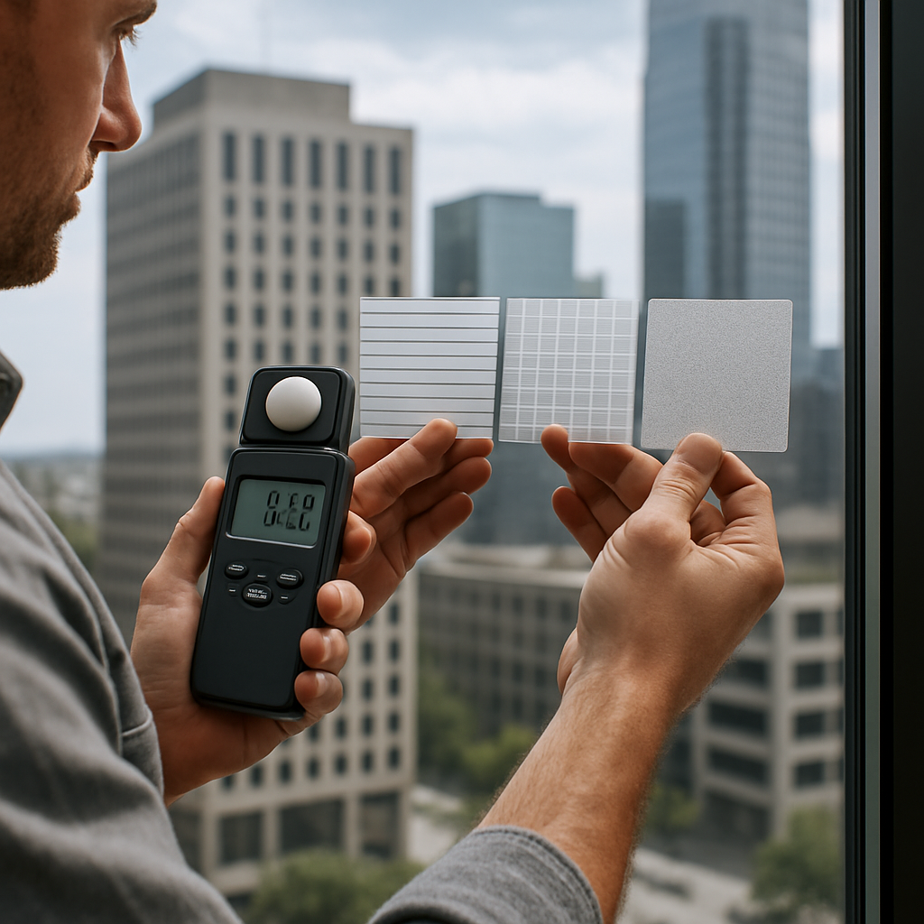 Photo realistic image of a field mockup: an installer holding decorative film swatches against an office storefront window with downtown buildings in the background, showing measured lux readings on a handheld meter and daylight conditions; professional mood