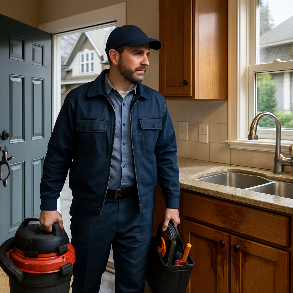 A professional plumber arriving at a Portland home during an emergency, technician wearing workwear, carrying tools and a wet vacuum, standing near a kitchen sink with water damage; photo realistic, professional mood