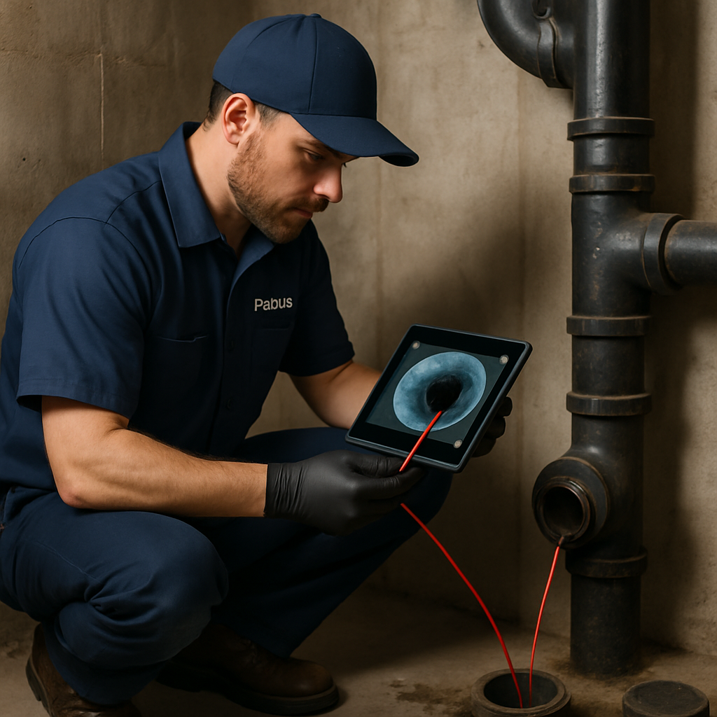 Photo realistic image of a Portland plumber inspecting a basement sewer cleanout with a tablet showing a camera feed, technician in branded workwear, realistic lighting, professional mood