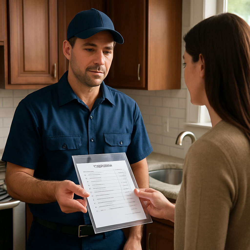 A Portland plumber handing a clear, printed estimate to a homeowner in a kitchen, showing checklist items like license, insurance, and permit responsibilities; photo realistic, professional mood