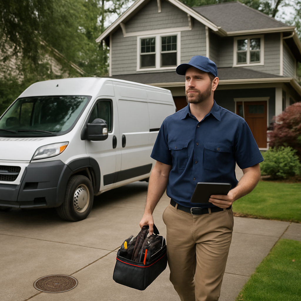 A River City Plumbing technician arriving at a Portland home in branded workwear beside a service truck, carrying diagnostic tools and a tablet, standing at a driveway with a visible cleanout cover; photo realistic, professional mood
