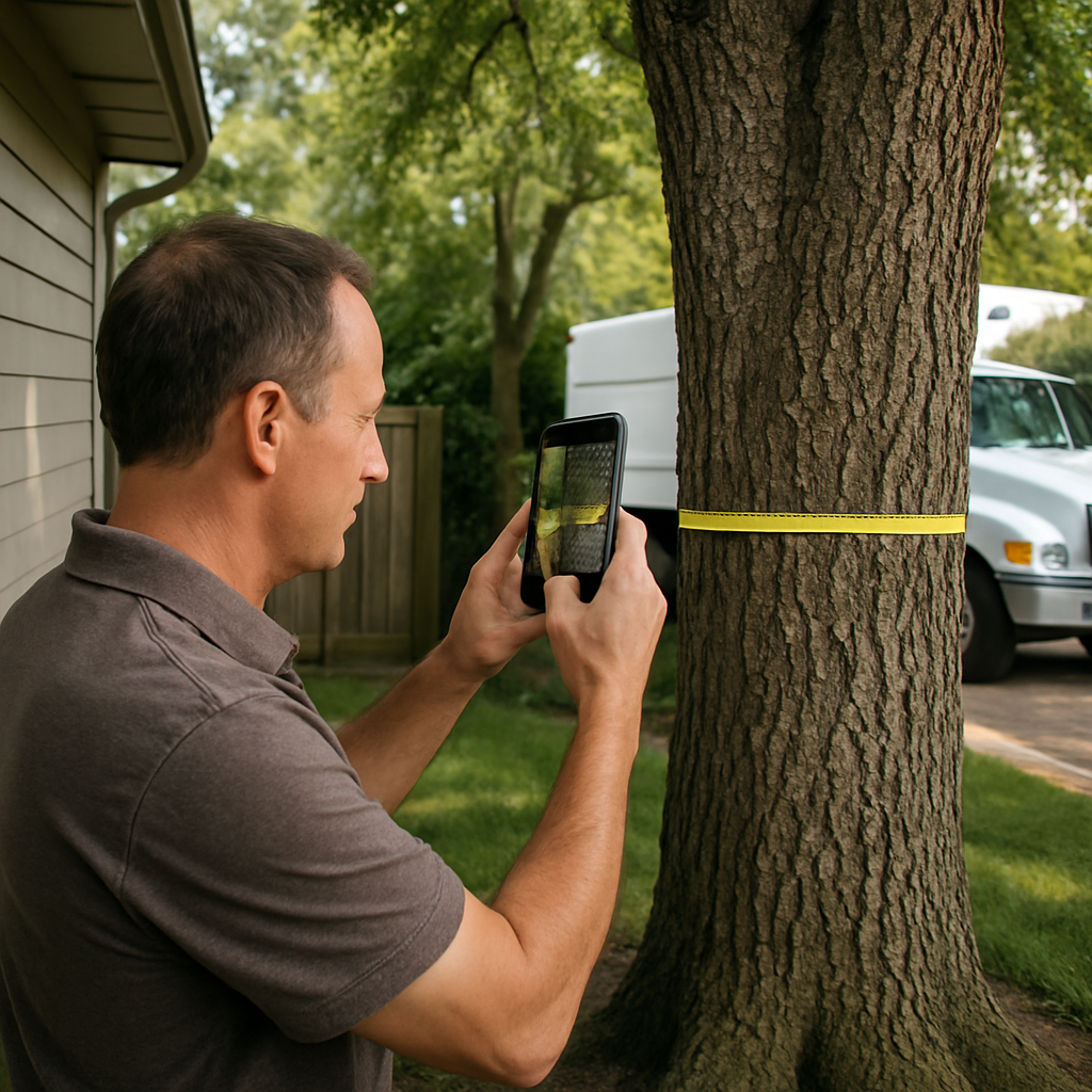 Photo realistic image of a homeowner taking multiple photos of a large backyard tree with a smartphone, showing a measuring tape around the trunk, a narrow side gate in the background, and a parked tree service truck on the street; professional, practical mood