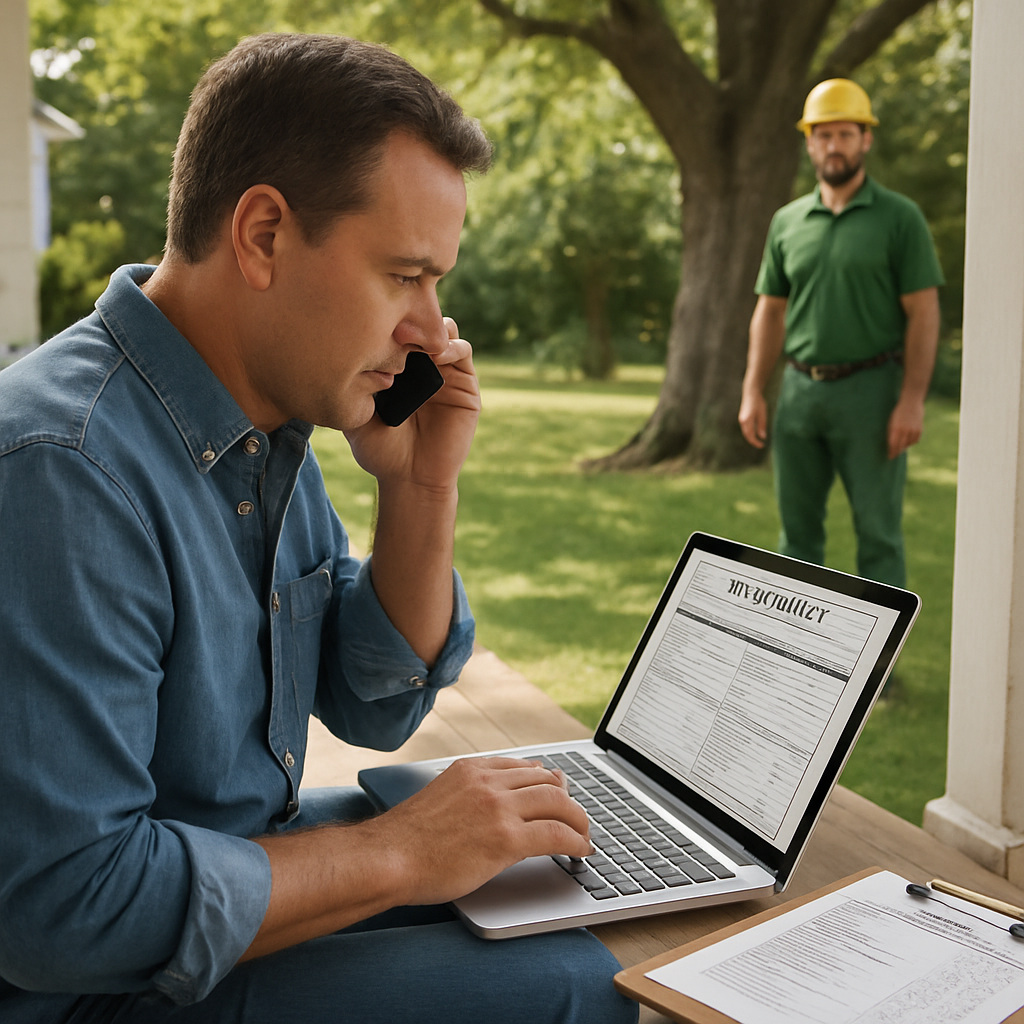 Photo realistic image of a homeowner on a porch phone call while reviewing a PDF certificate of insurance on a laptop, a printed itemized estimate on a clipboard beside them, and a uniformed arborist standing by a large yard tree; professional, practical mood