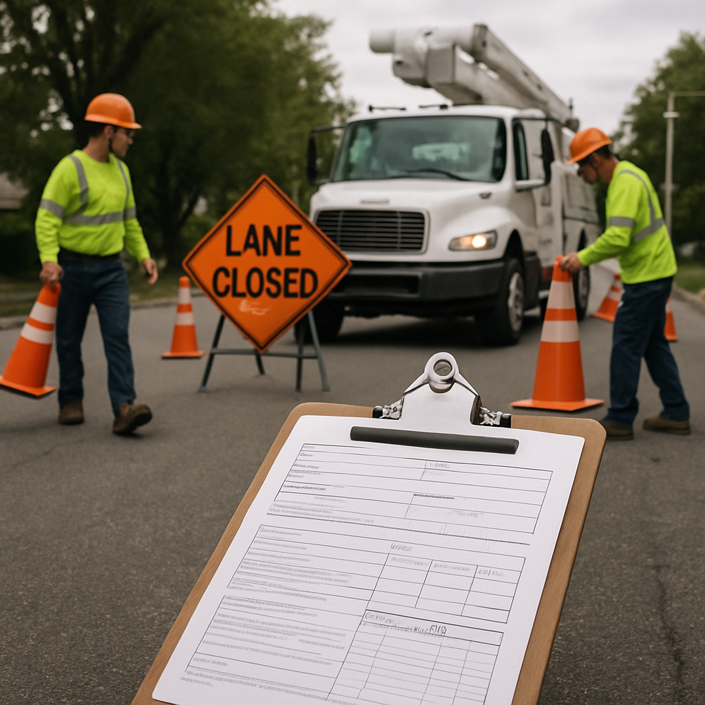 Photo realistic image of a tree service crew setting up traffic cones and a lane closure sign while a utility truck with a bucket lift waits nearby; a clipboard with a permit form and 811 ticket visible in the foreground; professional, analytical mood