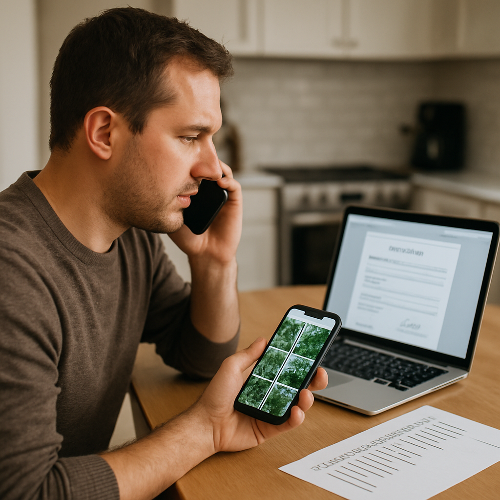Photo realistic image of a homeowner on a phone call at a kitchen table with a smartphone showing tree photos, a printed checklist beside a laptop displaying an emailed certificate of insurance, professional and practical mood