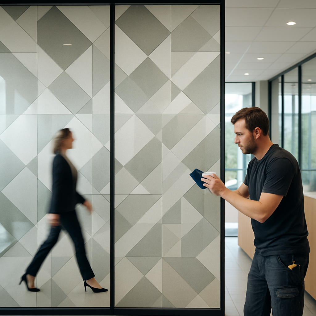 Photo realistic image of a contemporary office reception with full-height glass partitions covered in a large-scale geometric adhesive decorative film; even seams, natural daylight, staff passing by, and an installer checking alignment with a squeegee. Style: photo realistic. Mood: professional