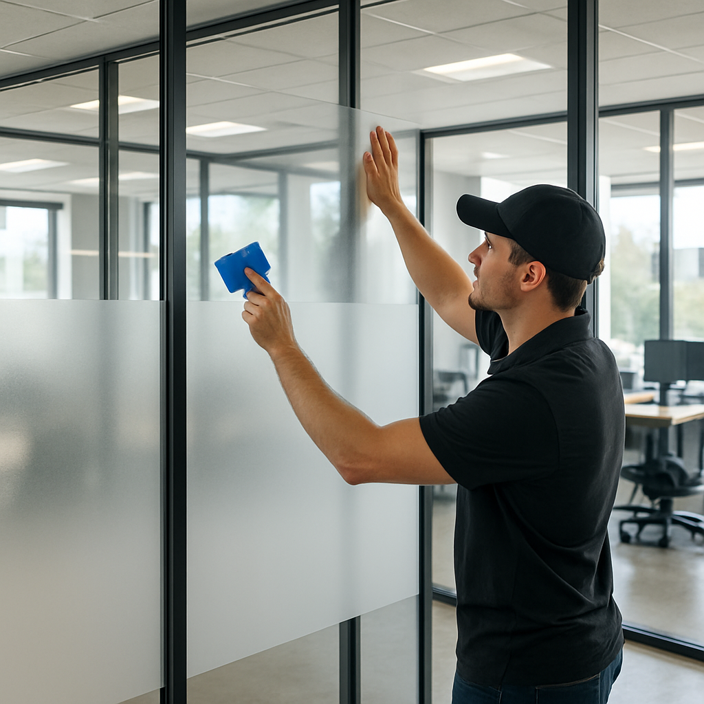 Photo realistic image of a modern office interior showing a gradient adhesive film on glass partitions that fades from opaque at the bottom to clear at the top; even seams, natural daylight, and an installer checking alignment with a squeegee. Style: photo realistic