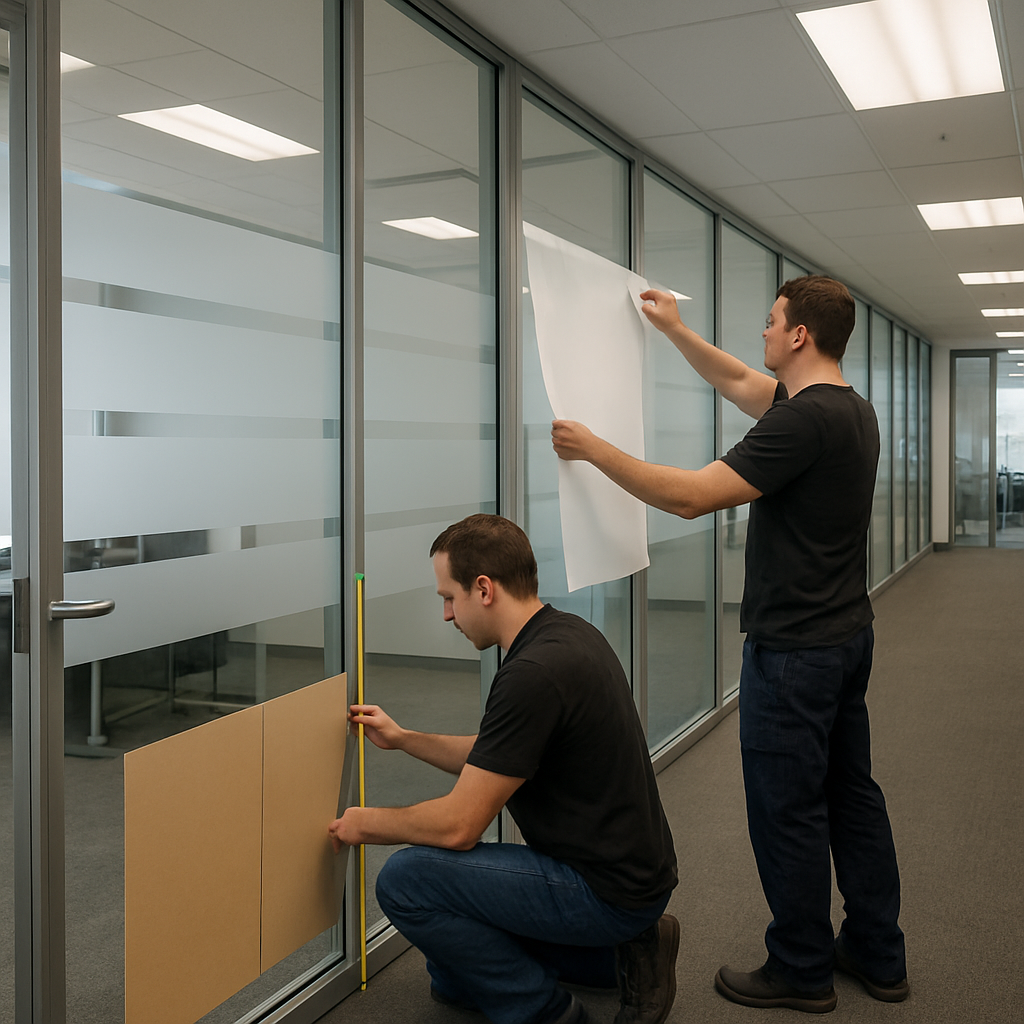 Photo realistic image of a modern office corridor with full-height glass doors and partitions featuring consistent horizontal privacy bands in frosted adhesive film; an installer is applying a pre-cut panel with a squeegee while another measures a template. Style: photo realistic