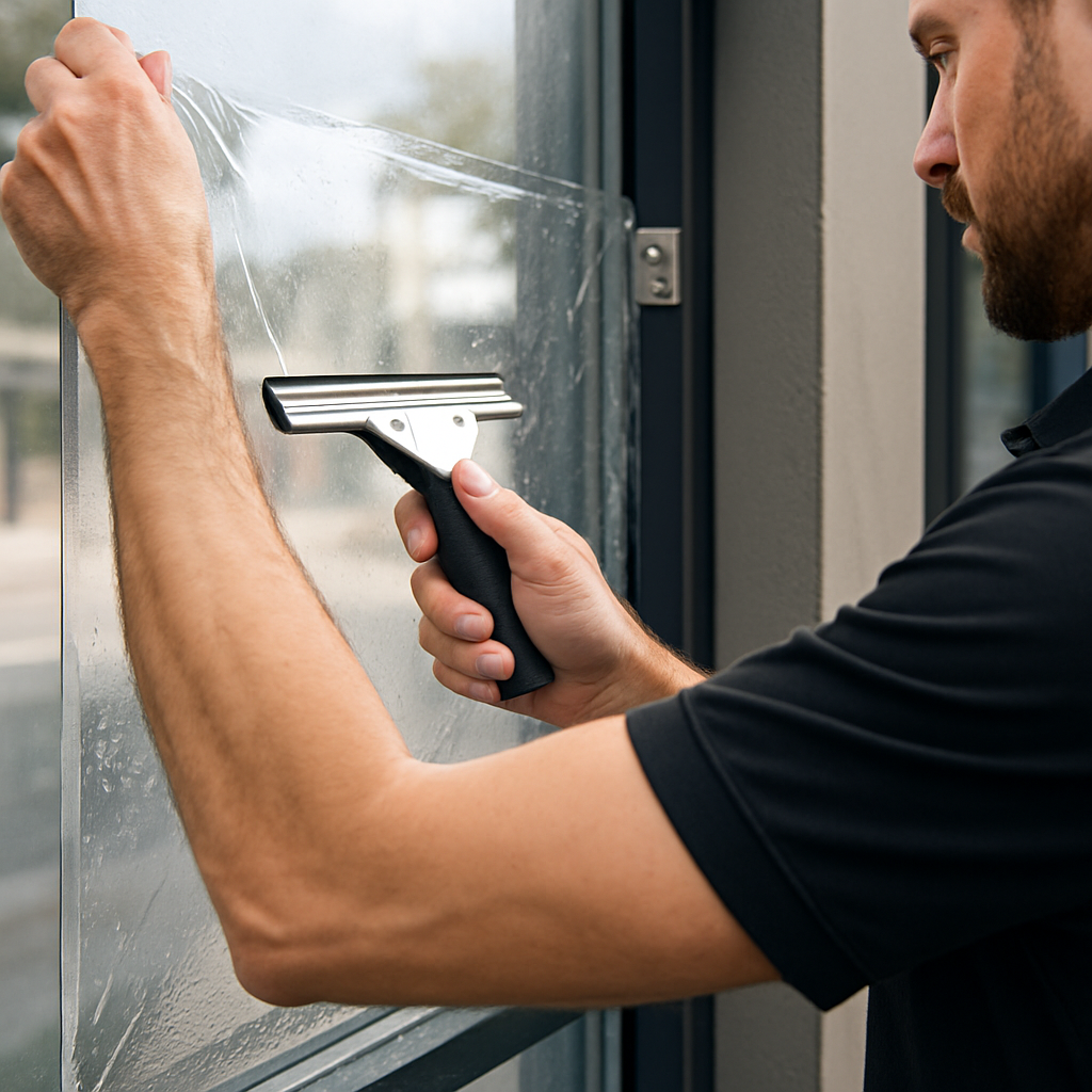 Close-up photo realistic image of a professional applying clear security window film to a storefront window, showing a squeegee smoothing the film and a visible edge anchor bracket on the frame; daylight, professional mood