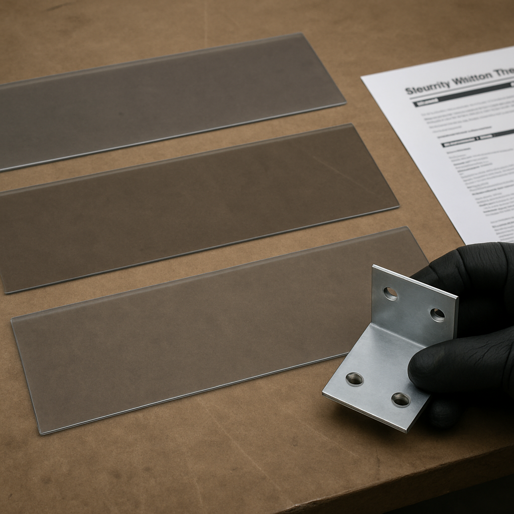 Photo realistic image of samples of security window film laid out on a workbench showing `4 mil`, `8 mil`, and `12 mil` labeled strips, a technician's gloved hand holding an anchor bracket, and a technical data sheet visible; professional mood