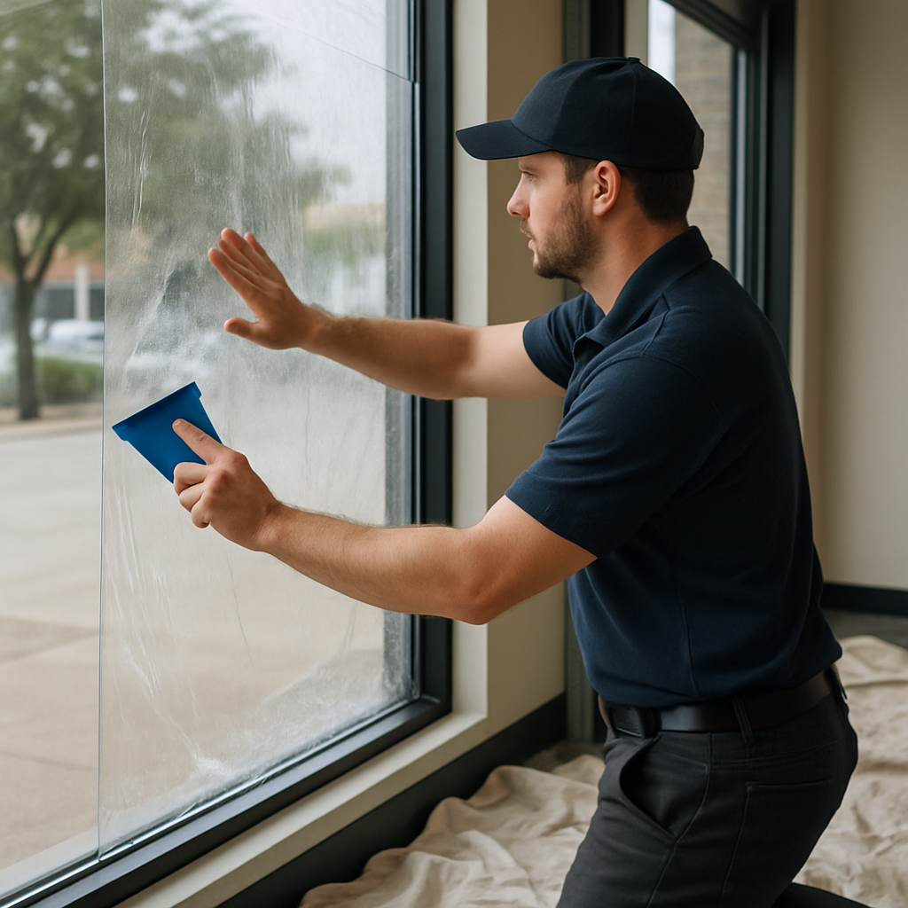 Photo realistic image of a professional installer applying clear security window film to a large storefront: technician smoothing film with a squeegee, visible perimeter channel hardware and protective drop cloths on the floor; daylight, professional mood