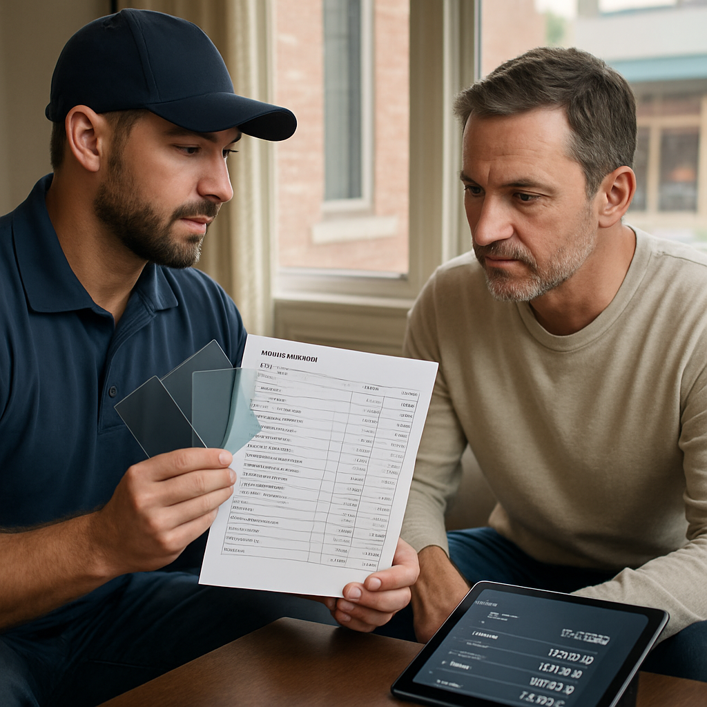 Photo realistic image of a technician reviewing an itemized security window film installation estimate with a homeowner; visible swatches of clear and tinted security films, a tablet showing per square foot pricing, and a storefront visible through the window; professional mood