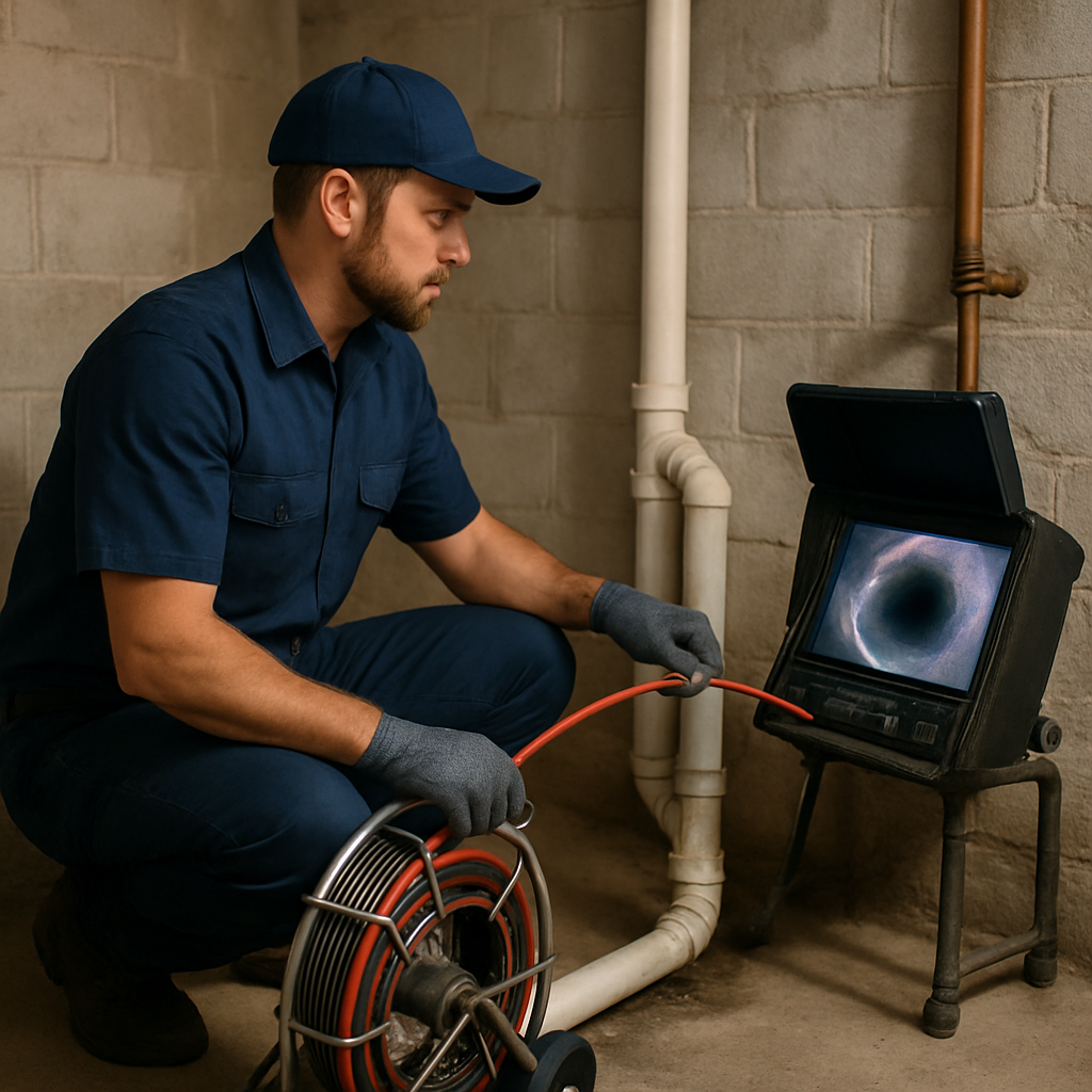 Professional plumber in Oregon City performing a sewer camera inspection inside a residential basement, showing the camera feed on a monitor, photo realistic, professional mood