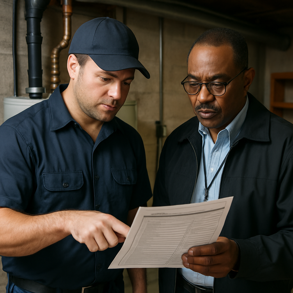 Photo realistic image of a plumber and a city inspector reviewing an open plumbing permit and inspection checklist beside a water heater in a residential basement, professional mood