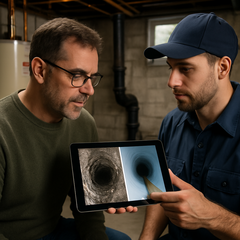 Photo realistic image of a homeowner and a plumber reviewing before and after photos of a sewer repair on a tablet in a residential Oregon City basement, professional mood