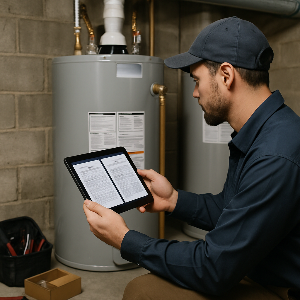 Photo realistic image of a technician in an Oregon City basement comparing labelled water heater models and warranty paperwork on a tablet, with tools and part boxes nearby, professional mood