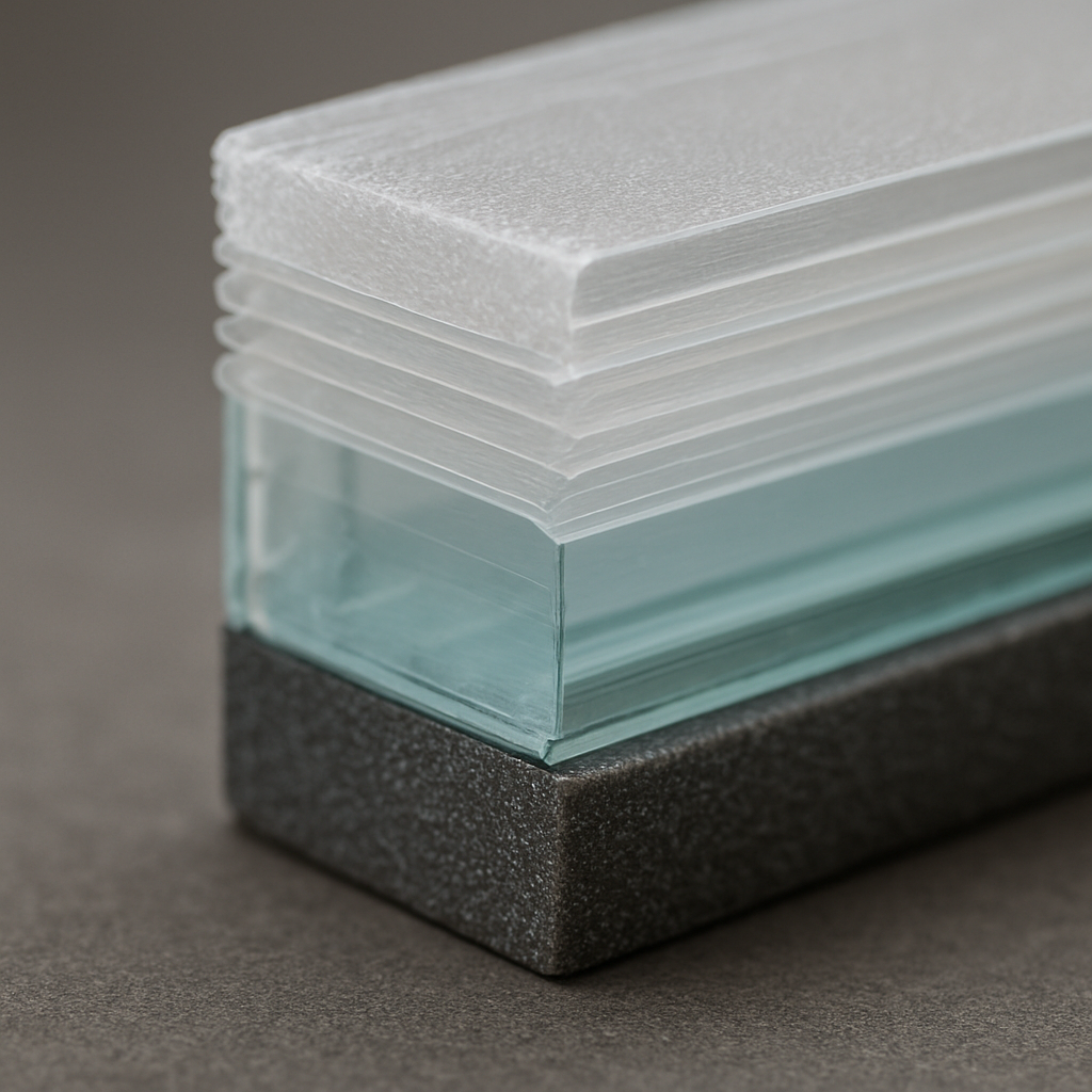 Cross-section photo realistic image of shatter-resistant window film applied to a glass pane showing labeled layers: scratch coat, polyester layers, high-bond adhesive, primer, and perimeter seal/anchor; professional, neutral background, close-up macro detail