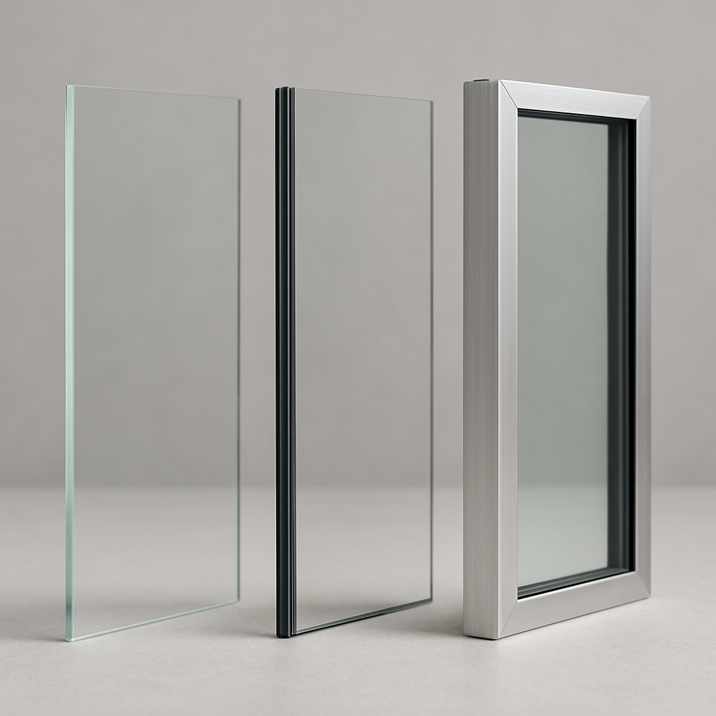 Photo realistic image showing three vertical glass panels side by side: a clear residential safety film pane, a slightly thicker security film pane with subtle edge visibility, and a pane installed with an aluminum perimeter channel; labeled samples, professional neutral background, close-up, analytical mood