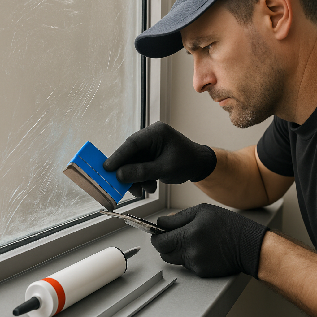 Photo realistic close-up of a professional installer applying clear shatter resistant window film: visible squeegee strokes, edge trimming in progress, a tube of structural silicone and an aluminum perimeter channel laid out nearby; neutral professional background, analytical mood