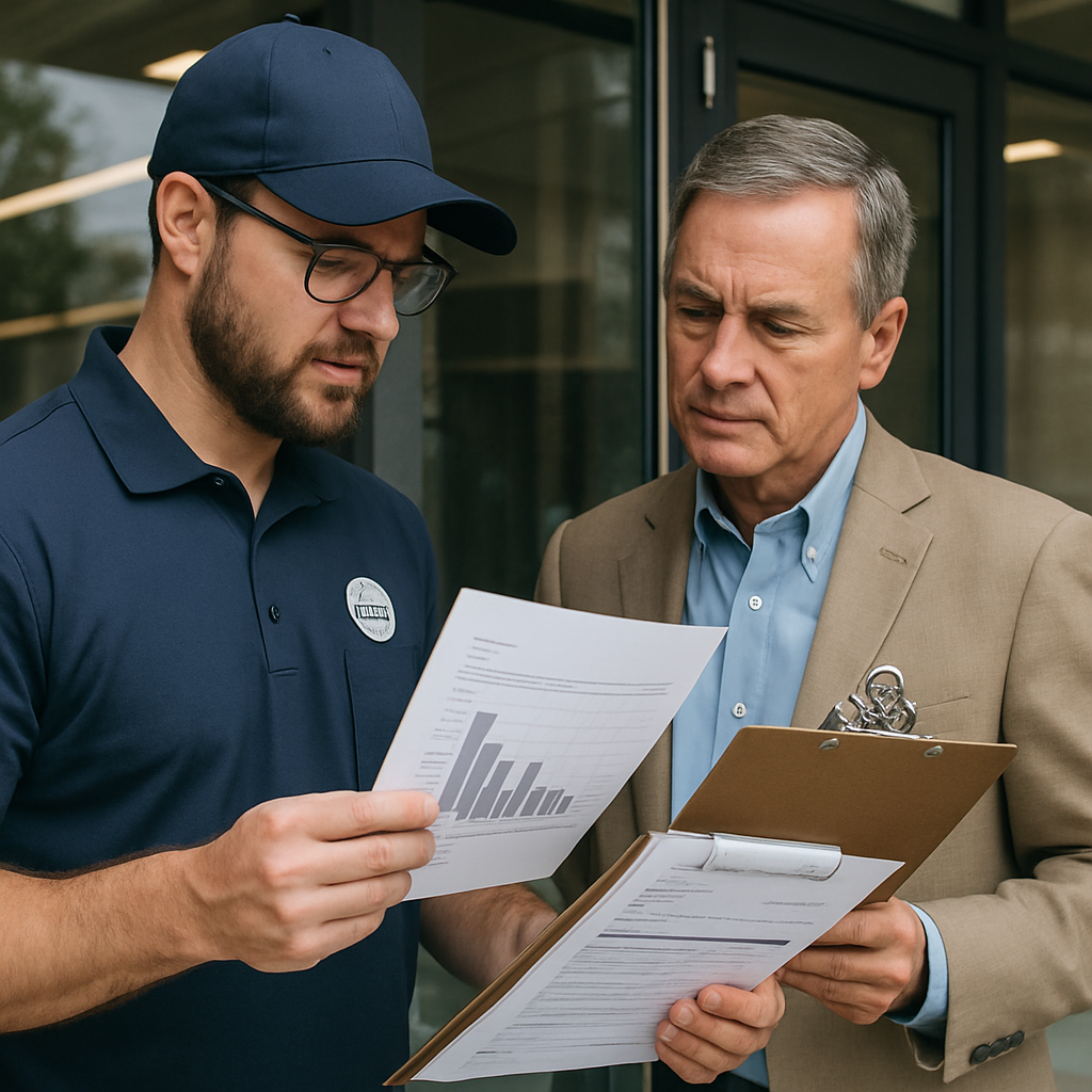 Photo realistic image of a certified installer and a building inspector reviewing a clear shatter resistant window film installation on a commercial storefront; the installer holds a printed test report and a clipboard with an invoice; professional, methodical mood