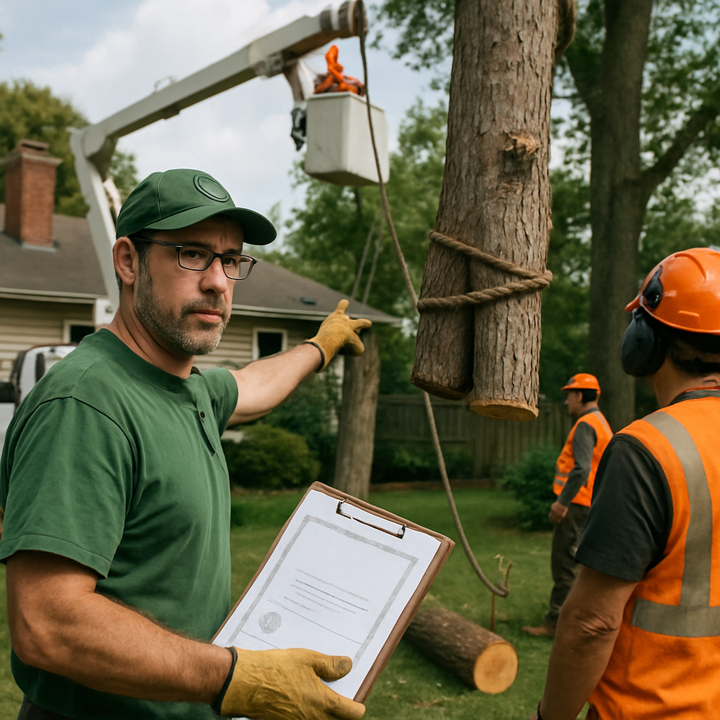 Photo realistic image of a certified arborist directing a safe tree removal with a bucket truck and rigging, crew members wearing protective gear, visible insurance certificate clipboard, suburban backyard setting