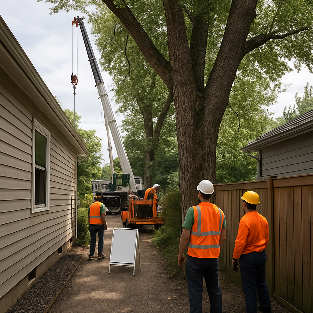 Photo realistic image of a narrow residential side yard showing a large tree between a house and fence, a crane staged on the street, a chipper on site, crew members in safety gear, and clear signage for permits