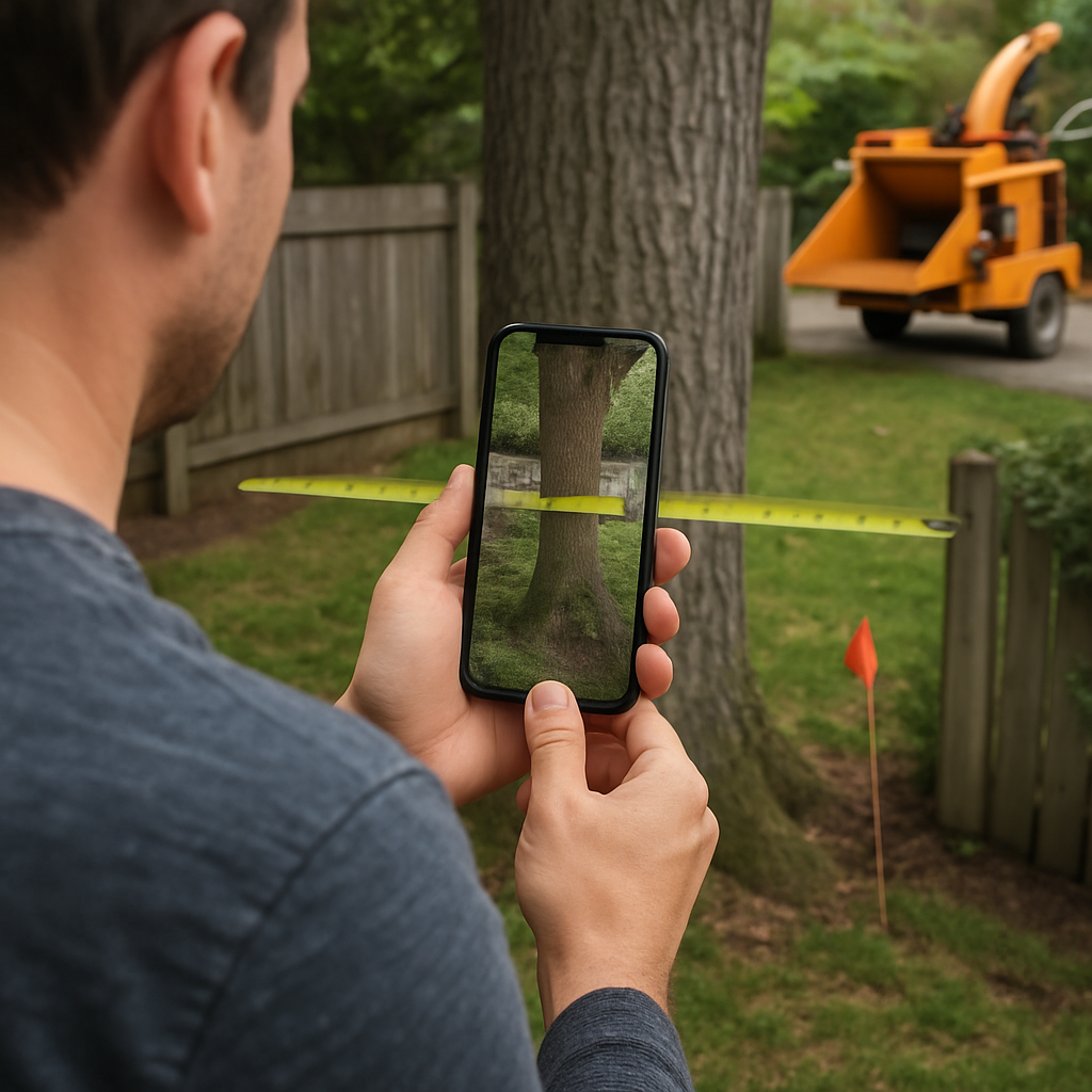 Photo realistic image of a homeowner using a smartphone to record a short video of a backyard tree, showing gate measurement with tape, a flagged utility line, and a visible chipper parked outside; professional, instructional mood