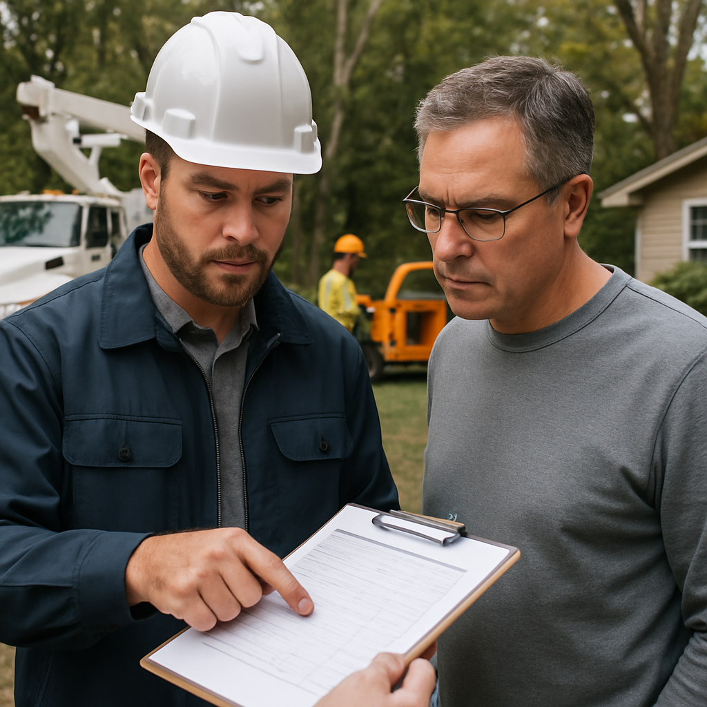 Photo realistic image of a contractor and homeowner reviewing an itemized tree removal estimate on a clipboard, with a bucket truck and chipper visible in the background, crew in safety gear, suburban backyard setting, professional mood