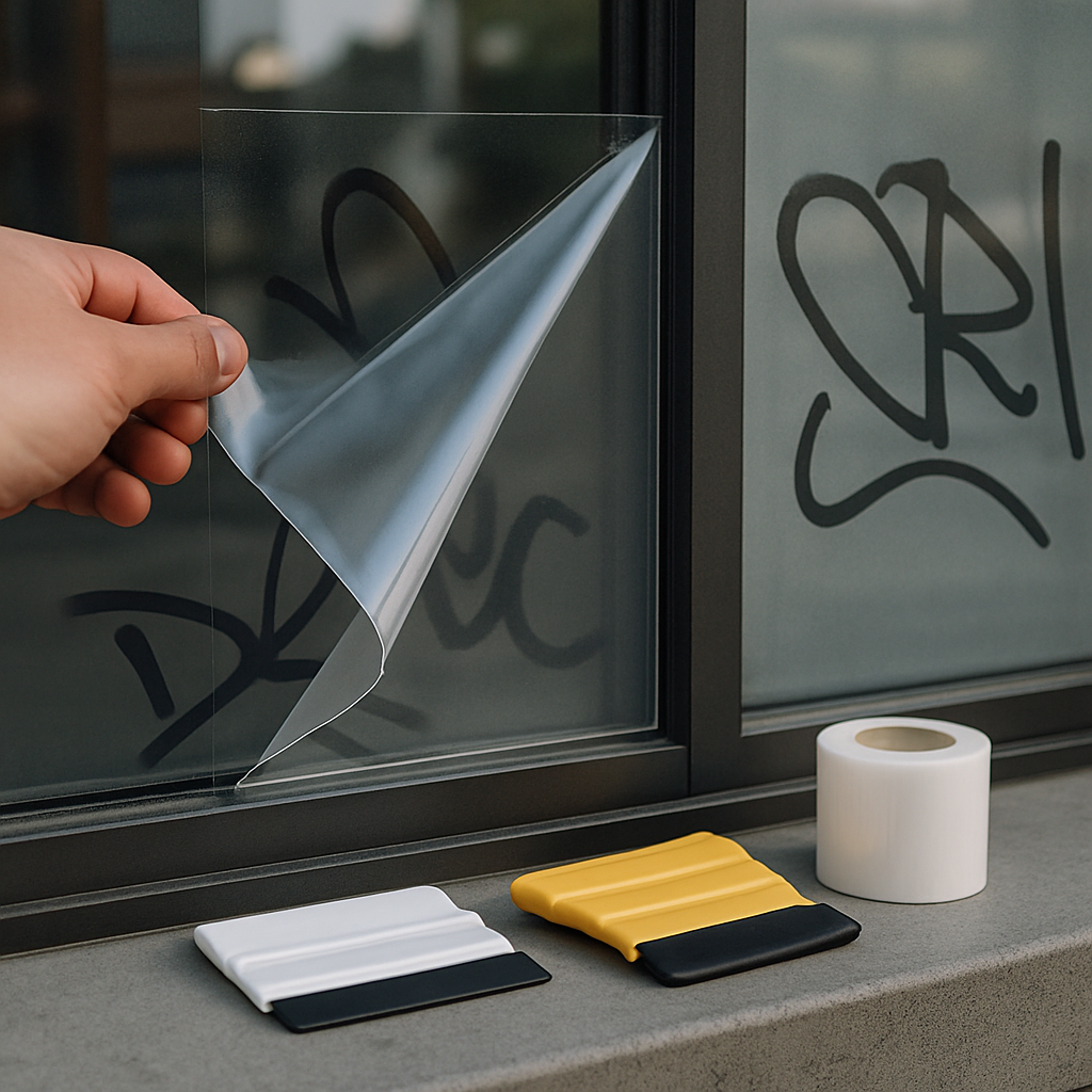Photo realistic close-up of a storefront window showing a corner of clear sacrificial anti-graffiti film being peeled back next to a labeled sample of a thicker permanent protective film, installer tools and a small roll of replacement film visible; professional mood