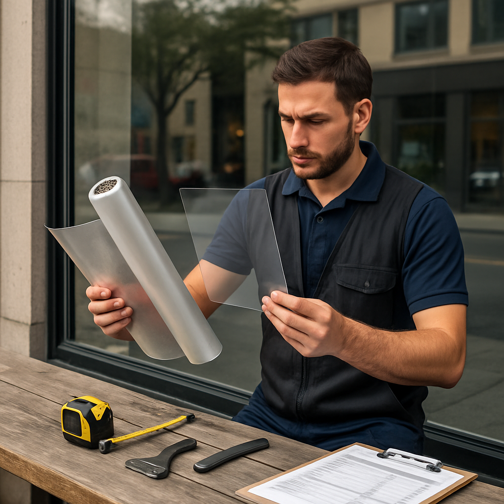 Photo realistic image of a commercial storefront window with an installer measuring and comparing a roll of sacrificial anti-graffiti film and a sample sheet of thicker permanent protective film; tools, measuring tape, and a printed cost estimate visible on a clipboard; professional mood
